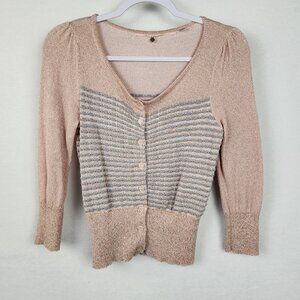 Anthropologie Knitted & Knotted Metallic Cardigan Size S Pink Blue Gold